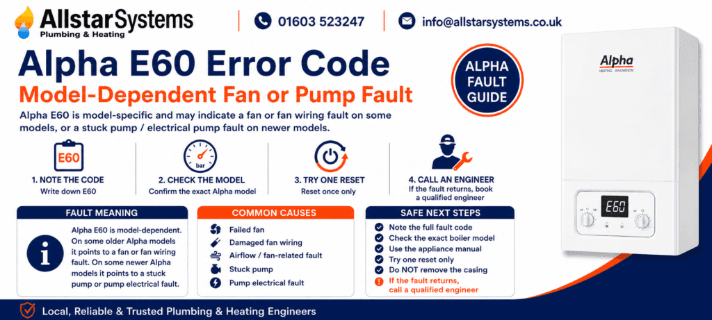 Alpha E60 Fault Code: Causes, Fixes and Safe Checks | Allstar Systems Ltd Alpha E60 error code guide explaining a model-dependent fan or pump fault, safe checks and engineer advice from Allstar Systems Plumbing & Heating.