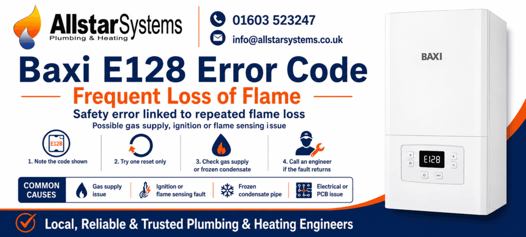 Baxi E128 fault code guide for a frequent loss of flame safety error, with safe boiler checks and engineer advice from Allstar Systems Plumbing & Heating.