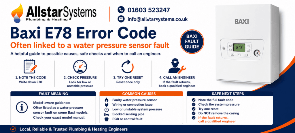 Baxi E78 error code guide explaining possible water pressure sensor faults, safe pressure checks and engineer advice from Allstar Systems Plumbing & Heating.