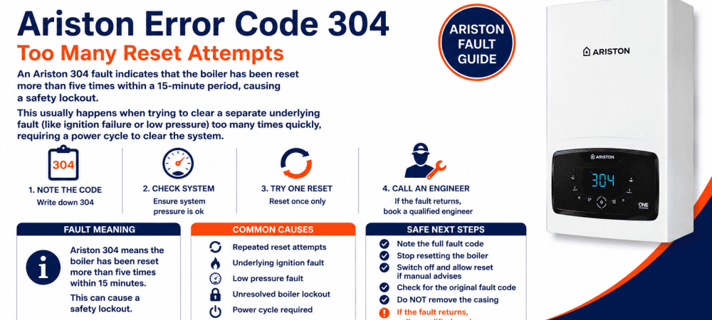 Ariston error code 304 guide explaining too many reset attempts, safety lockout, possible underlying faults and engineer advice from Allstar Systems Plumbing & Heating.