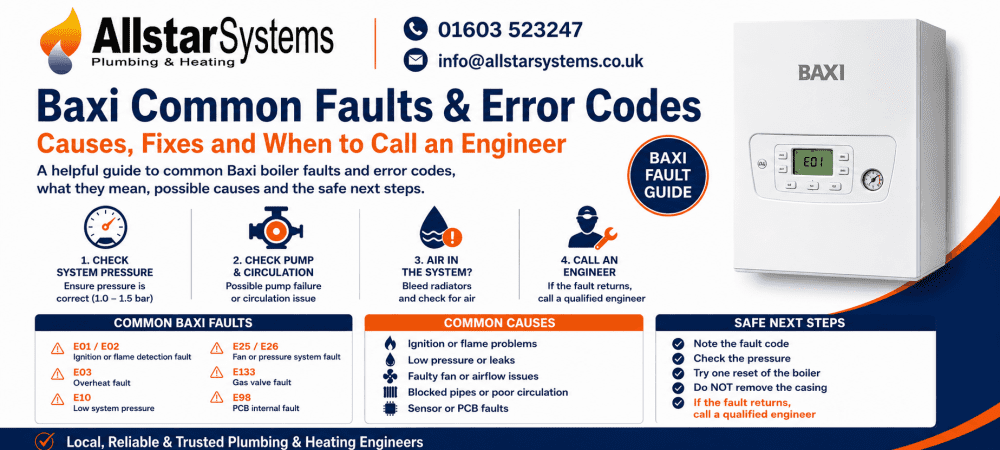 Baxi common faults and error codes guide from Allstar Systems Plumbing and Heating