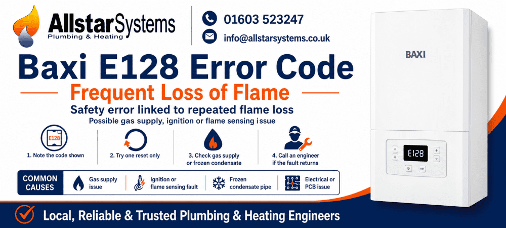 Baxi E128 fault code guide for a frequent loss of flame safety error, with safe boiler checks and engineer advice from Allstar Systems Plumbing & Heating.
