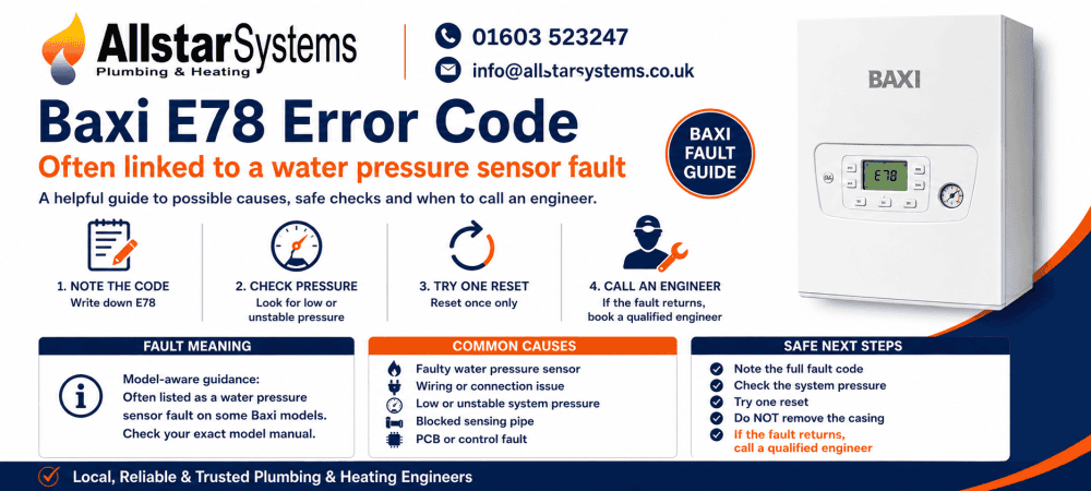 Baxi E78 error code guide explaining possible water pressure sensor faults, safe pressure checks and engineer advice from Allstar Systems Plumbing & Heating.