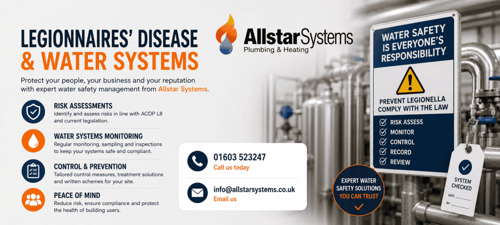 Allstar Systems Legionnaires’ disease water systems image showing water safety, risk assessments, monitoring, control and prevention for domestic and commercial plumbing systems