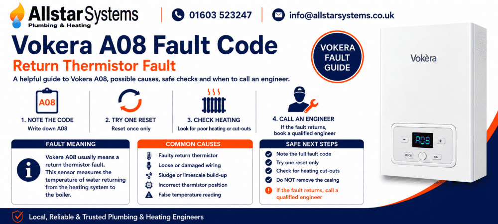 Vokera A08 fault code guide explaining a return thermistor fault, possible wiring issues, sludge or limescale build-up, heating cut-outs and engineer advice from Allstar Systems Plumbing & Heating.