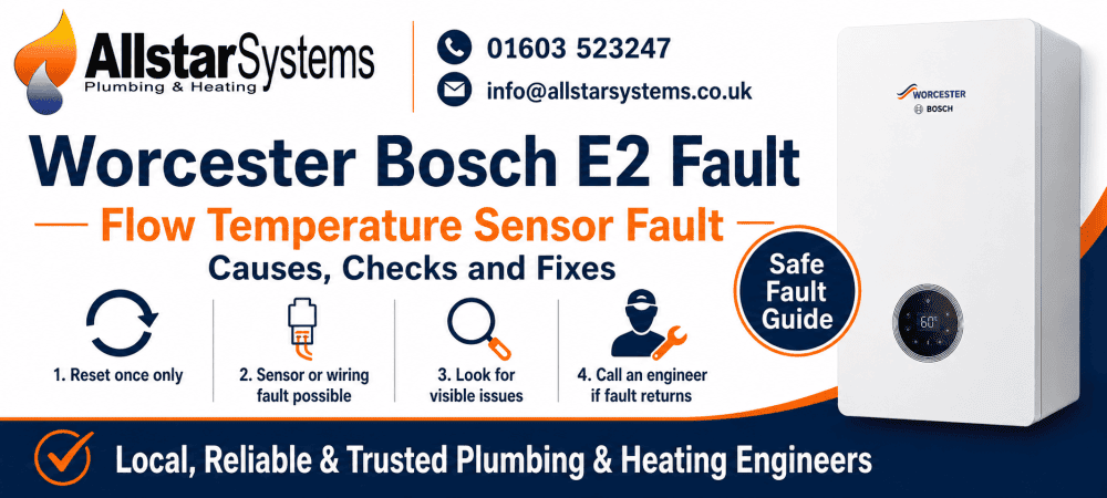 Worcester Bosch boiler showing E2 fault code for a flow temperature sensor fault