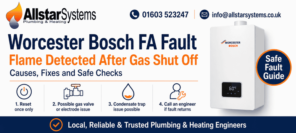 Worcester Bosch boiler showing FA fault code for flame detected after gas shut off