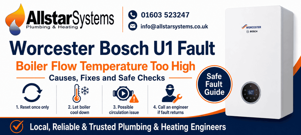 Worcester Bosch boiler showing U1 fault code for boiler flow temperature too high
