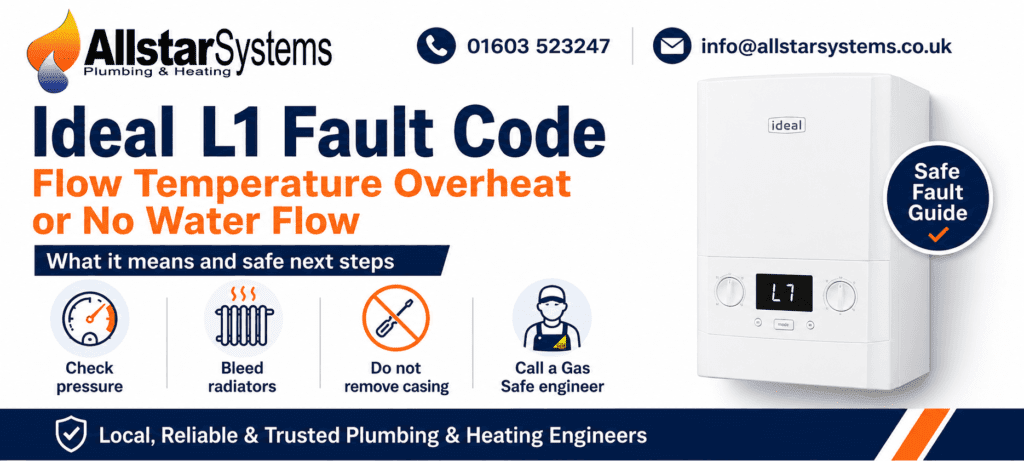 Ideal boiler showing L1 fault code for flow temperature overheat or no water flow