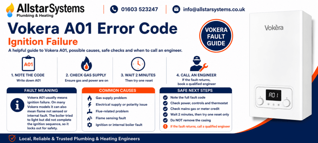 Vokera A01 error code guide explaining ignition failure, flame not sensed, gas supply checks, safe reset advice and engineer support from Allstar Systems Plumbing & Heating.Vokera A01 error code guide explaining ignition failure, flame not sensed, gas supply checks, safe reset advice and engineer support from Allstar Systems Plumbing & Heating.