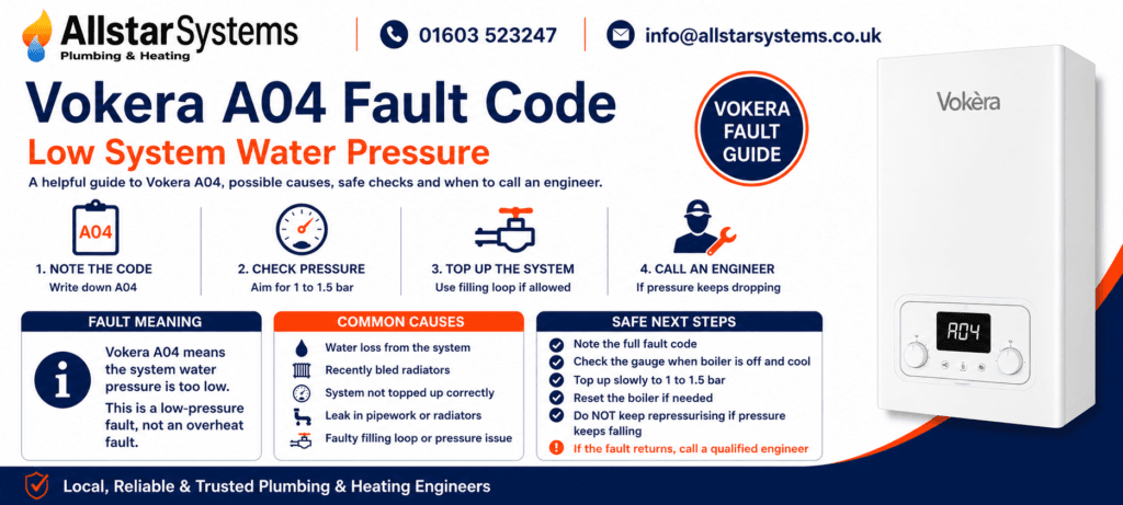 Vokera A04 Fault Code: Causes, Fixes and Safe Checks | Allstar Systems Ltd Vokera A04 fault code guide explaining low system water pressure, pressure gauge checks, topping up the system safely and engineer advice from Allstar Systems Plumbing & Heating.