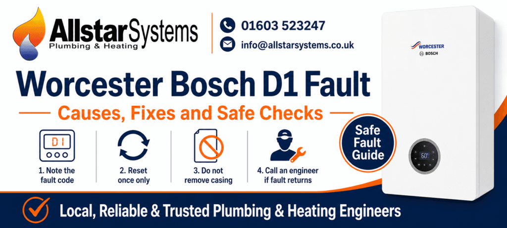 Worcester Bosch D1 Fault: Causes, Fixes and Safe Checks | Allstar Systems Ltd Worcester Bosch D1 fault guide from Allstar Systems Plumbing and Heating