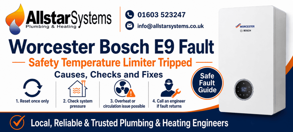 Worcester Bosch E9 Fault Code: Causes, Fixes and Safe Checks | Allstar Systems Ltd Worcester Bosch E9 safety temperature limiter fault guide from Allstar Systems Plumbing and Heating