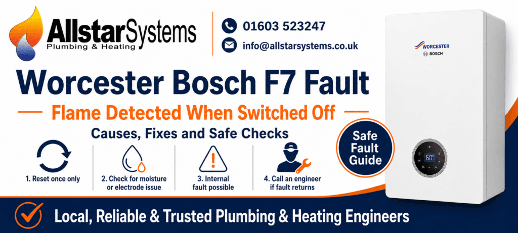 Worcester Bosch F7 Fault: Causes, Fixes and Safe Checks | Allstar Systems Ltd Worcester Bosch F7 flame detected when switched off guide from Allstar Systems Plumbing and Heating